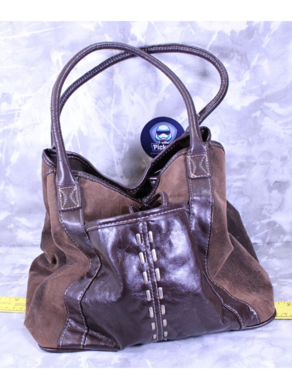 Stitched Detail Suede Handbag Cinch Closure Lined Purse - Picture 5 of 5